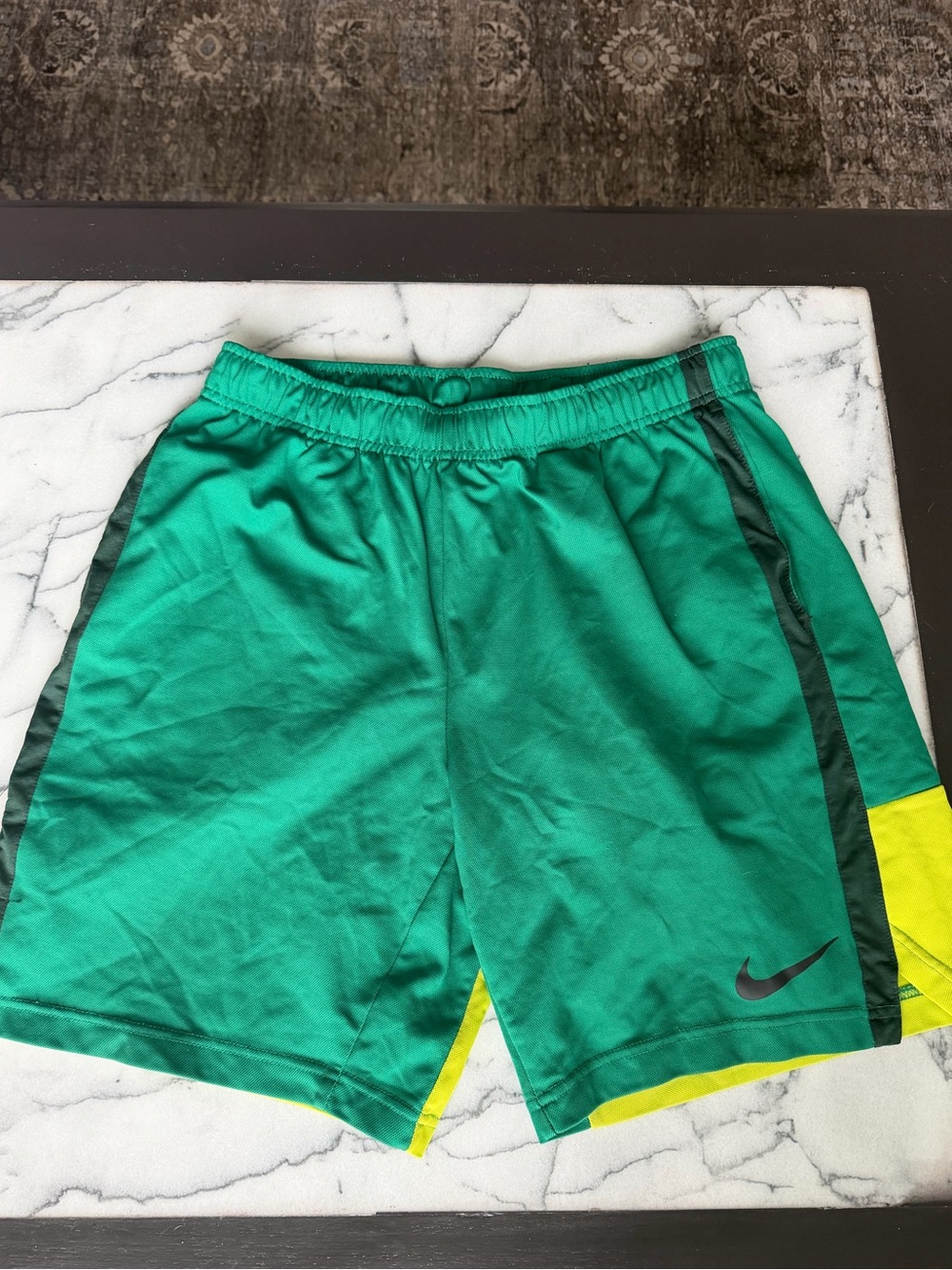 Nike Men's Emerald Green Athletic Shorts with Yellow Trim